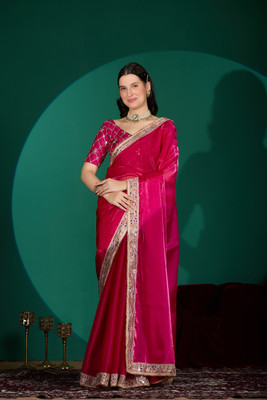 NQUEEN Embellished Bollywood Cotton Blend Saree(Red)