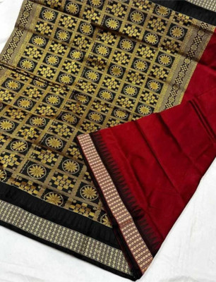 Sijileen Solid/Plain, Temple Border, Woven Sambalpuri Art Silk Saree(Maroon)