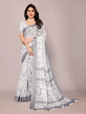 KAKADIYA Printed Bollywood Cotton Silk, Linen Saree(White, Grey)