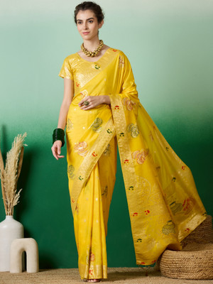 RK Creation Printed Bollywood Cotton Silk Saree(Yellow)