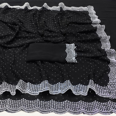For And Ever Applique, Solid/Plain, Floral Print, Striped, Woven, Embellished Bollywood Georgette, Chiffon Saree(Black)