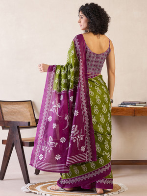 Tasrika Printed Pre Draped Saree Cotton Blend Saree(Green)