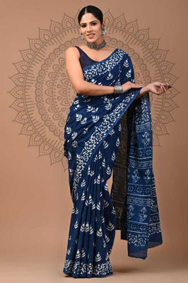 LOVWEAR Printed Daily Wear Pure Cotton Saree(Blue)