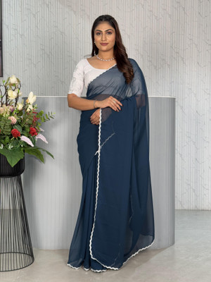 SROLY Solid/Plain Bollywood Georgette Saree(Blue)