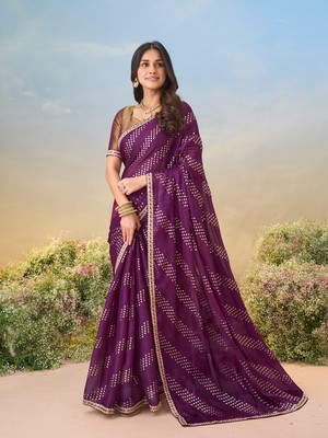 Laxmipati sarees Printed Saree with Attached Blouse Silk Blend Saree(Purple)