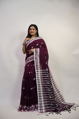 Anu Solid/Plain Handloom Cotton Silk Saree(Maroon)