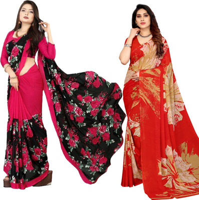ANIRAV Floral Print Daily Wear Georgette Saree(Pack of 2, Red)