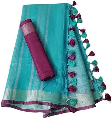 Aamir Fashion Textile Solid/Plain Bhagalpuri Handloom Cotton Linen Saree(Light Blue)