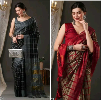 JK ETHNIC WEAR Embellished, Solid/Plain, Striped Daily Wear Chanderi, Cotton Silk Saree(Pack of 2, Multicolor)