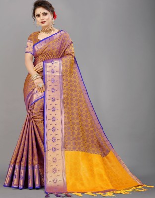 Wamsi Woven Kanjivaram Jacquard, Cotton Silk Saree(Mustard, Gold)