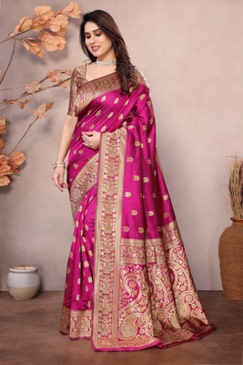 Pireva Self Design, Woven Banarasi Jacquard Saree(Magenta)