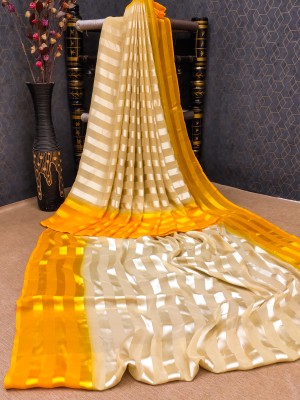 Anand Sarees Ombre, Striped, Self Design Bollywood Satin Saree(Beige, Yellow)
