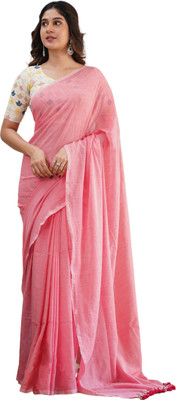 JHIJUU Solid/Plain Handloom Cotton Blend Saree(Pink)