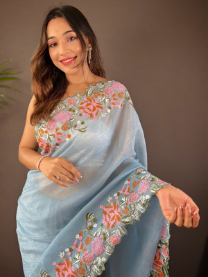 ANOUK Embroidered Bollywood Tissue Saree(Light Blue)