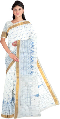 nebadita Printed Tant Cotton Blend Saree(White, Blue)