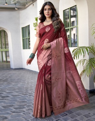 Samah Dyed, Woven, Embellished Banarasi Silk Blend Saree(Maroon, Orange)