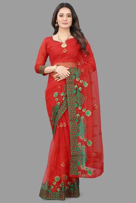Meaven feb Self Design Bollywood Net Saree(Red)