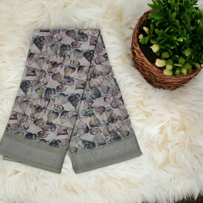 SARETRA MALL Digital Print, Floral Print Handloom Cotton Linen Saree(Grey)