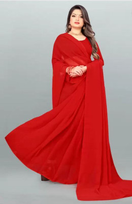 HouseOfCommon Solid/Plain Daily Wear Georgette Saree(Red)