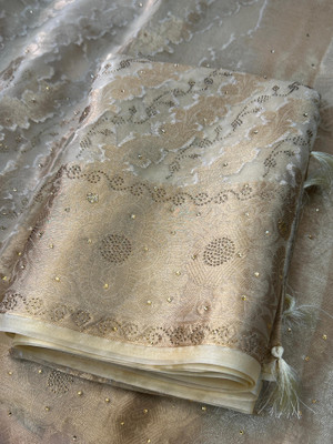 Banaras silk palace Woven Banarasi Organza Saree(Cream)