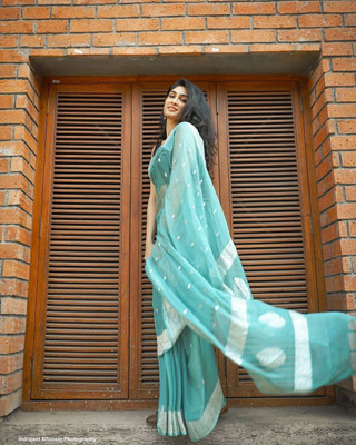 Bansari Textiles Self Design Bollywood Linen, Cotton Jute Saree(Light Blue)
