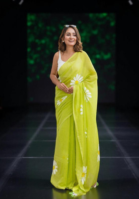 Myraani Floral Print Bollywood Cotton Linen Saree(Green)