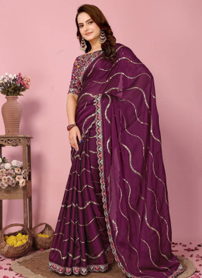 QUEDDY'S Embellished Saree with Attached Blouse Georgette Saree(Purple)