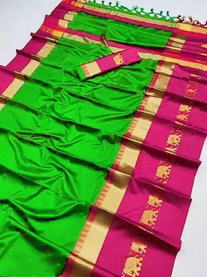 Mortal Textile Solid/Plain Handloom Cotton Silk Saree(Gold)