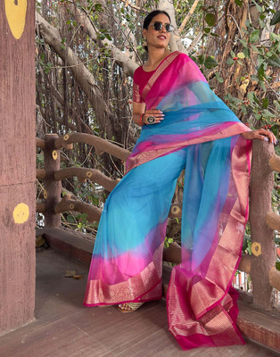 KOTHARI BS Solid/Plain Bandhani Organza Saree(Light Blue)