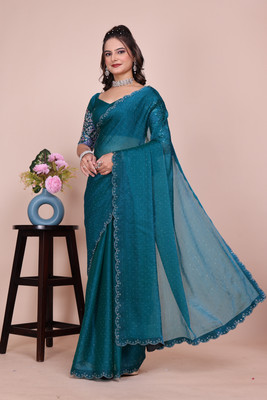 V AMAN FASHION Solid/Plain, Self Design, Embroidered Bollywood Chiffon, Jimmy choo Saree(Green)