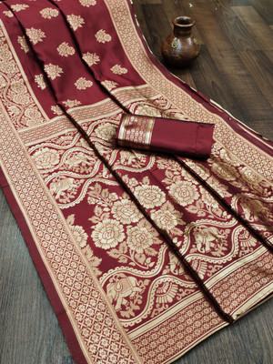 SHRIMAY Embroidered Banarasi Pure Silk Saree(Maroon)