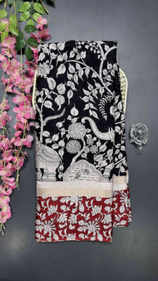 RegalDrapes Printed Kalamkari Cotton Silk Saree(Black)