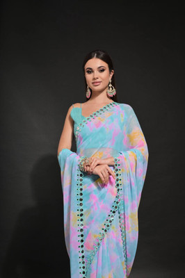OM FASHIONN Self Design Bollywood Georgette Saree(Light Blue)