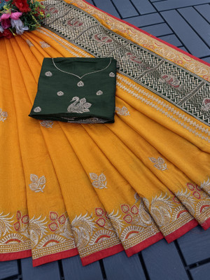 CHAMUNDA CREATION Embroidered Bollywood Pure Silk Saree(Gold)