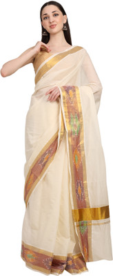 Iris Posh Solid/Plain Handloom Pure Cotton Saree(Cream)
