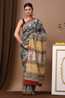 Taavi Blocked Printed Daily Wear Pure Cotton Saree(Grey)