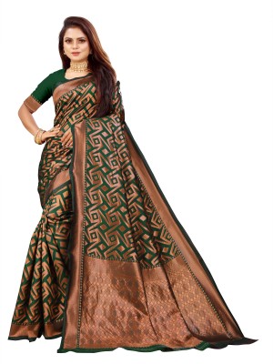 RANJAN Printed Banarasi Silk Blend Saree(Dark Green)