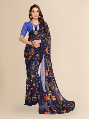 Moda Rapido Floral Print Daily Wear Georgette Saree(Blue)
