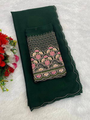 JIVI CLOTHING Solid/Plain Bollywood Chiffon Saree(Dark Green)