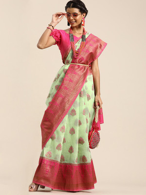 Divastri Woven Banarasi Silk Blend Saree(Pink, Light Green)