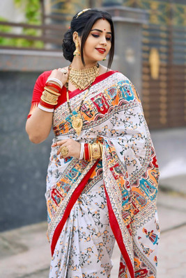 SAREEWALLA Printed Handloom Cotton Blend Saree(White, Red)
