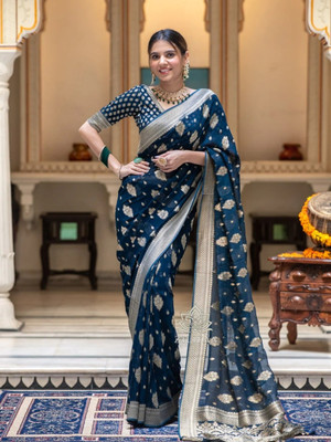 KM CREATION Digital Print Banarasi Art Silk Saree(Blue, Silver)