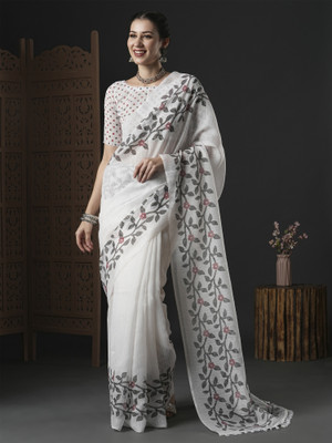 Sareemall Printed Daily Wear Cotton Blend Saree(White)