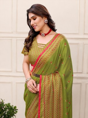 AMBUJAINTERNATIONAL Printed Bollywood Cotton Jute Saree(Light Green, Dark Green, Red)