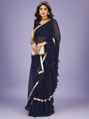 SAREEFLAME Self Design, Striped, Solid/Plain, Embellished Bollywood Georgette Saree(Dark Blue)