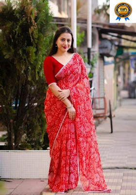 ZENFAB THREADS Applique, Geometric Print, Printed Bollywood Georgette Saree(Red)