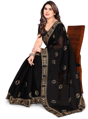 Mikhushop Embroidered Bollywood Jimmy choo Saree(Black)
