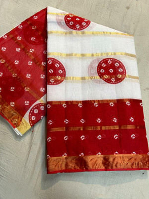 KRISHNA NX Printed Bandhani Pure Cotton Saree(White, Red)