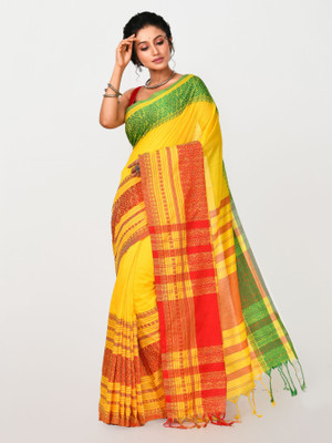 crochetin Woven Handloom Handloom Pure Cotton Saree(Yellow, Red, Green)