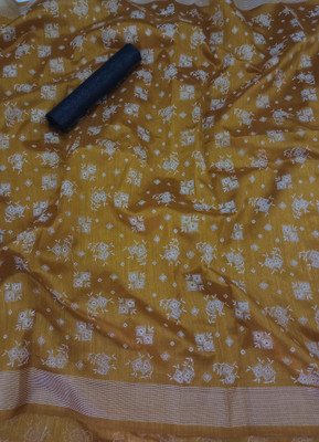 MUKHITA Floral Print, Woven Kanjivaram Khadi, Silk Blend Saree(Yellow)